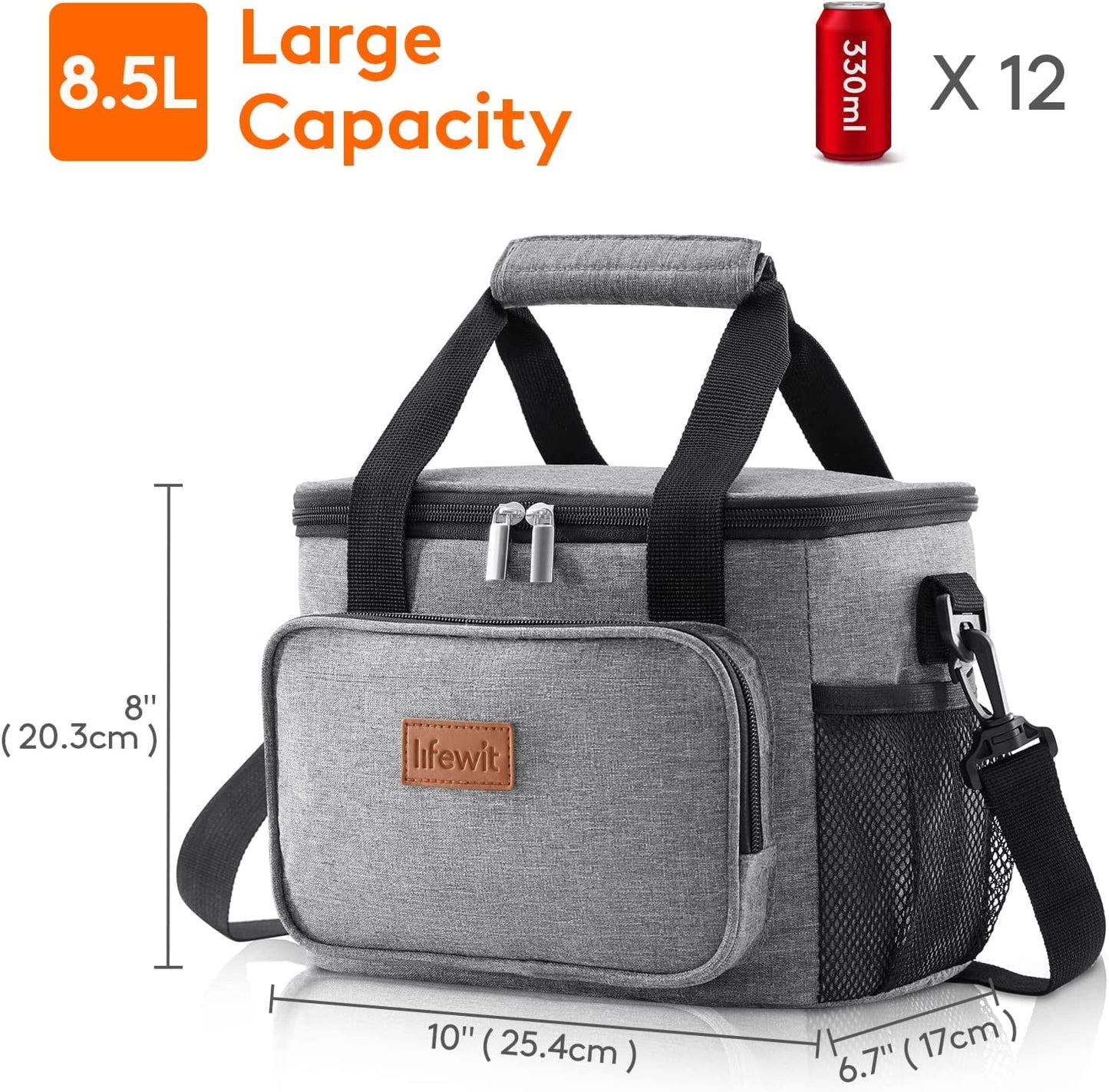 Large Soft Cooler Lunch Bag, Insulated Lunch Box, Cooling Tote for Adult, Men, Women, Picnic, Hiking, Beach, Leakproof, Waterproof, Lightweight, 12-Can (8.5L), Gray