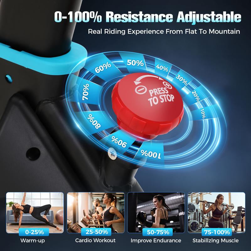 Blue Magnetic Stationary Exercise Bike with 100 Micro-Adjustable Levels, 350Lbs Weight Capacity, Battery Powered, Low Noise, 44.1"D X 20.9"W X 37.7"H Home Gym Fitness Equipment Walking Treadmill Glute Kickback Machine