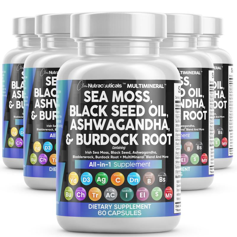Multimineral Sea Moss Black Seed Oil Ashwagandha Turmeric Bladderwrack Burdock Vitamin C Vitamin D3 with Elderberry Manuka Dietary Supplement Pills
