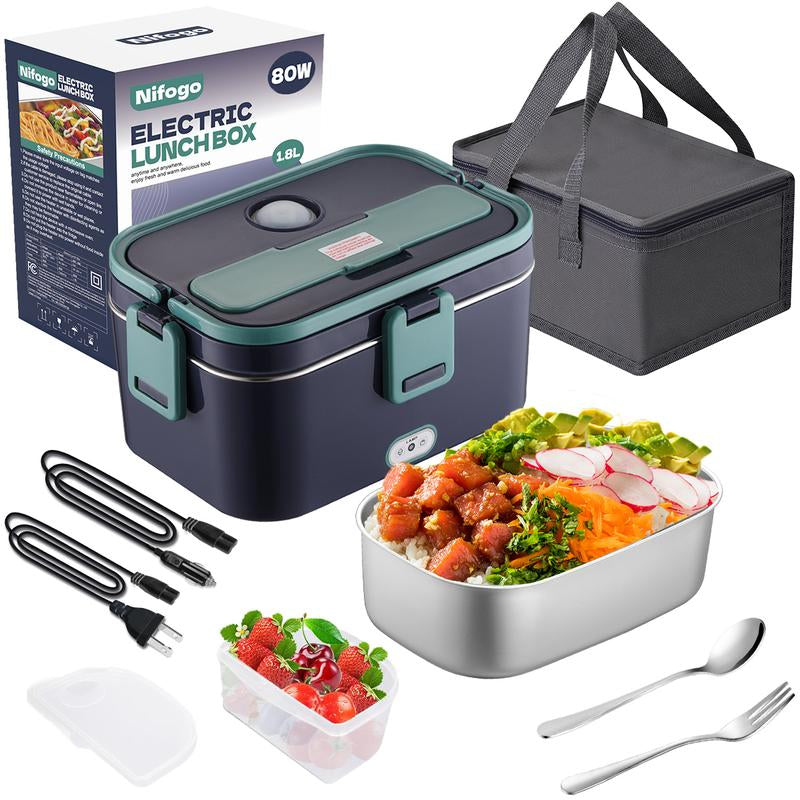 Electric Lunch Box, 80W Portable Food Heater for Adults, Fast Heating Food Warmer for Car Truck Home Office 110V/12V/24V with 1.8L 304 Stainless Steel Container, Fork Spoon and Bag