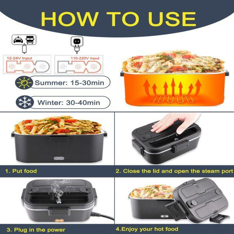 Electric Lunch Box, 80W Portable Food Heater for Adults, Fast Heating Food Warmer for Car Truck Home Office 110V/12V/24V with 1.8L 304 Stainless Steel Container, Fork Spoon and Bag