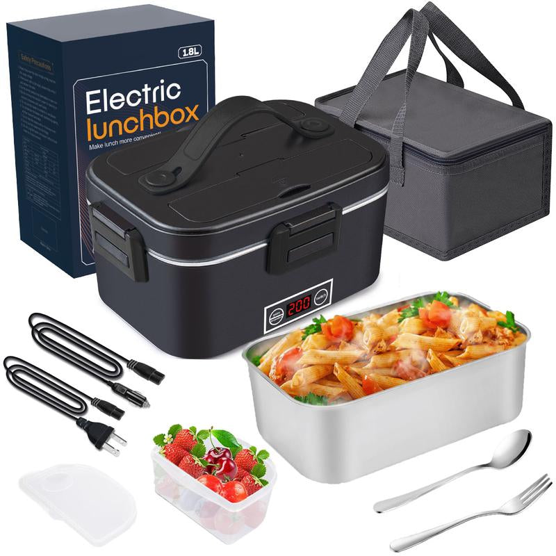 Electric Lunch Box, 80W Portable Food Heater for Adults, Fast Heating Food Warmer for Car Truck Home Office 110V/12V/24V with 1.8L 304 Stainless Steel Container, Fork Spoon and Bag
