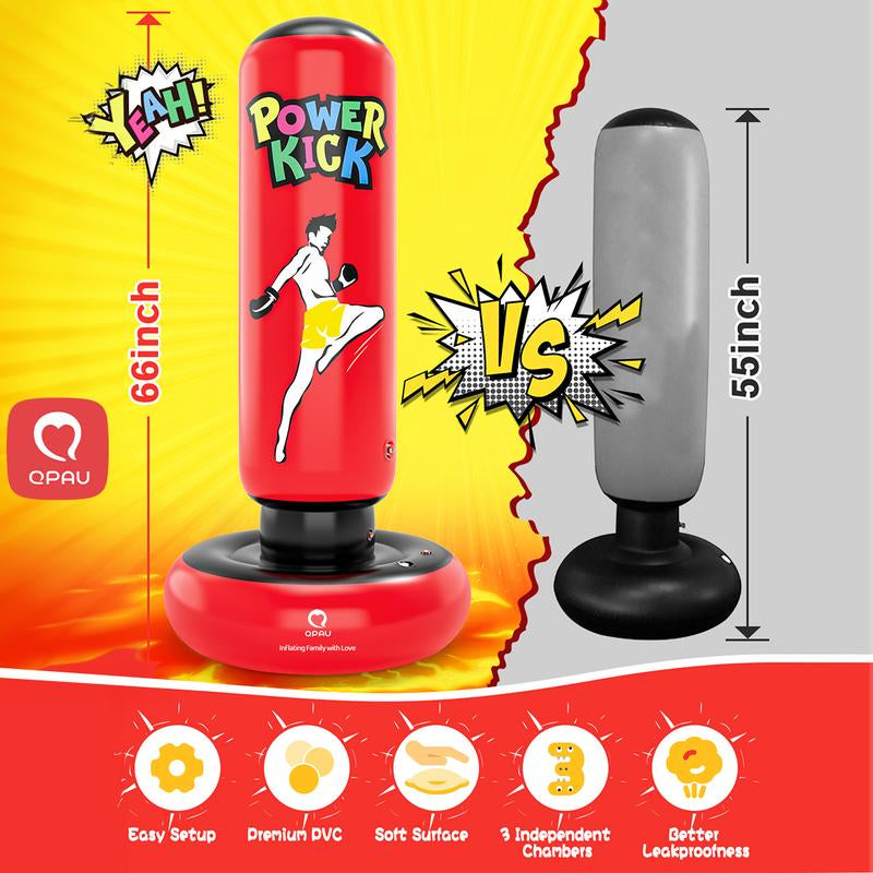 QPAU Kids Punching Bag Toy with Boxing Gloves, 66 Inch Larger Stable Kids Inflatable Boxing Bag Set, Gifts for Boys & Girls Age 6-12, for Practicing Karate, Taekwondo, MMA Exercise Strengthening Fun Family Time Energy