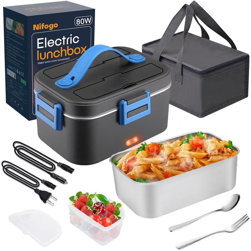 Electric Lunch Box, 80W Portable Food Heater for Adults, Fast Heating Food Warmer for Car Truck Home Office 110V/12V/24V with 1.8L 304 Stainless Steel Container, Fork Spoon and Bag