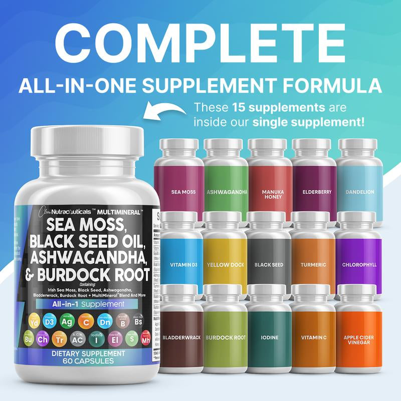 Multimineral Sea Moss Black Seed Oil Ashwagandha Turmeric Bladderwrack Burdock Vitamin C Vitamin D3 with Elderberry Manuka Dietary Supplement Pills