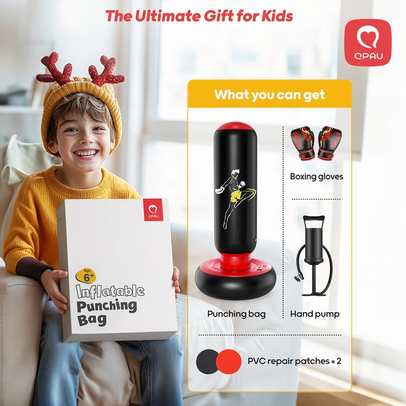 QPAU Kids Punching Bag Toy with Boxing Gloves, 66 Inch Larger Stable Kids Inflatable Boxing Bag Set, Gifts for Boys & Girls Age 6-12, for Practicing Karate, Taekwondo, MMA Exercise Strengthening Fun Family Time Energy