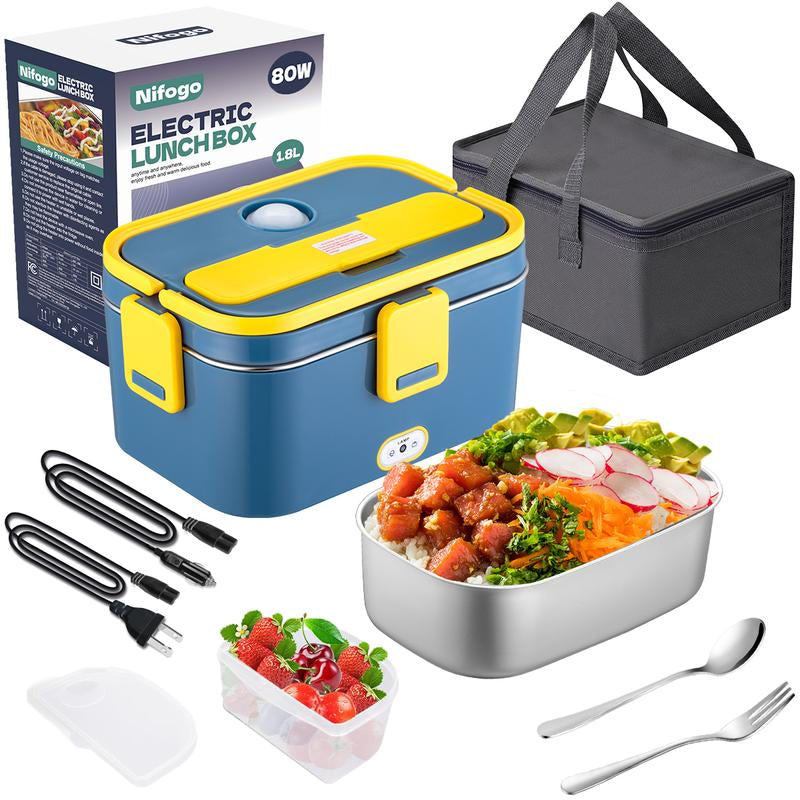 Electric Lunch Box, 80W Portable Food Heater for Adults, Fast Heating Food Warmer for Car Truck Home Office 110V/12V/24V with 1.8L 304 Stainless Steel Container, Fork Spoon and Bag