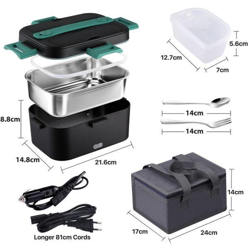 Electric Lunch Box, 80W Portable Food Heater for Adults, Fast Heating Food Warmer for Car Truck Home Office 110V/12V/24V with 1.8L 304 Stainless Steel Container, Fork Spoon and Bag