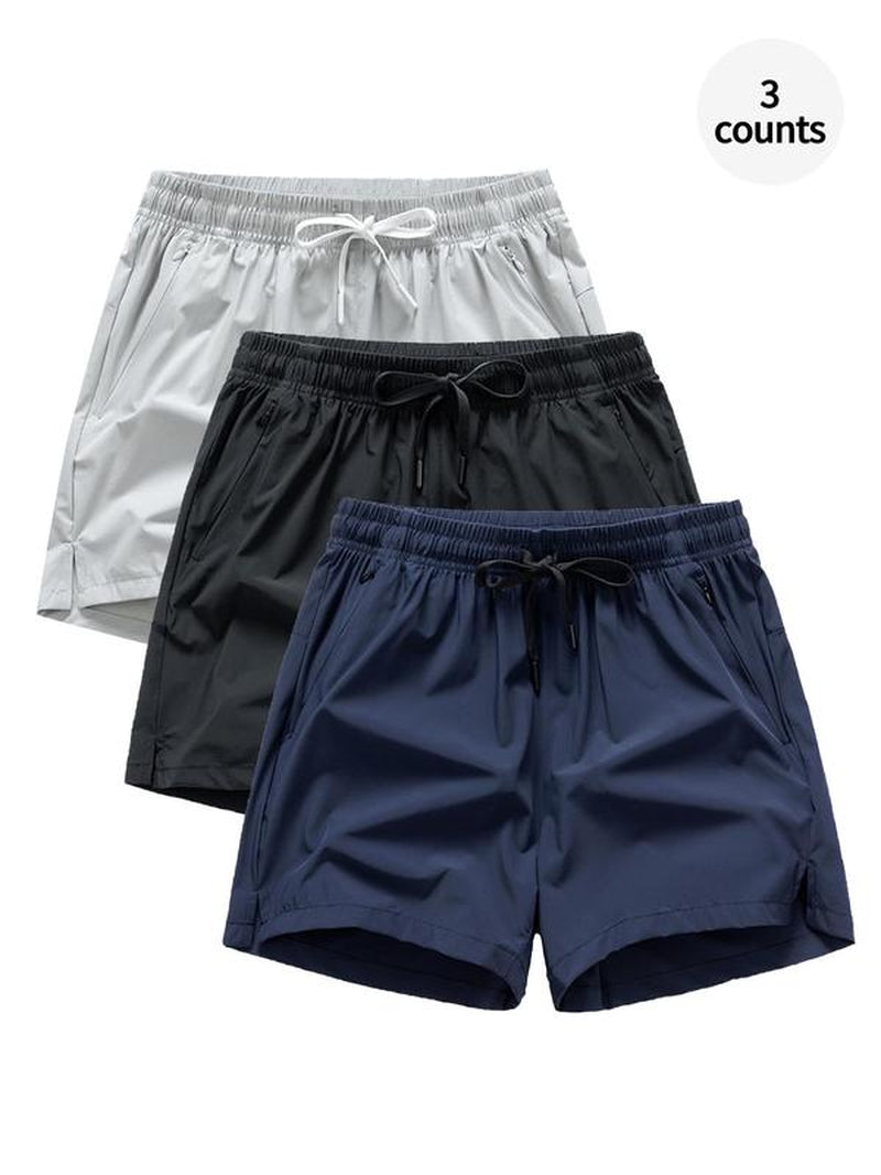 Men'S Solid Drawstring Waist Sports Shorts, Loose Quick Drying Breathable Sports Bottoms, Summer Athletic Running Shorts, Zipper Pocket Design Sports Gym Clothes
