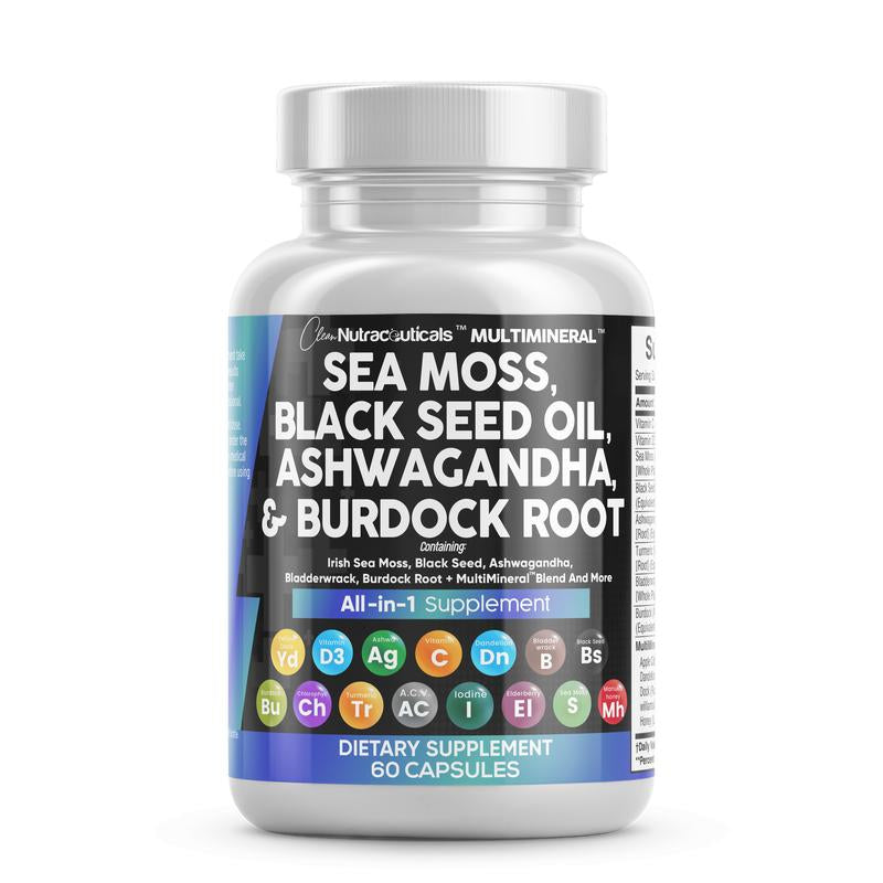 Multimineral Sea Moss Black Seed Oil Ashwagandha Turmeric Bladderwrack Burdock Vitamin C Vitamin D3 with Elderberry Manuka Dietary Supplement Pills