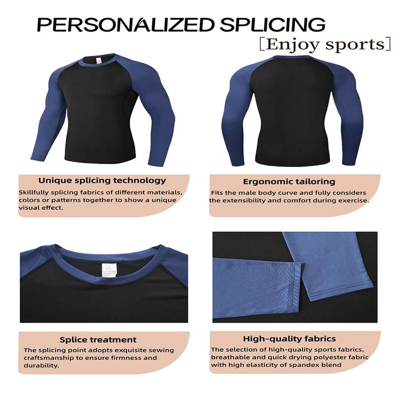 OKP Five Pack UPF Men'S Colorblocked round Neck Sports T-Shirt, High Elasticity Long-Sleeved Jerseys, Sports and Outdoor Clothing Activewear