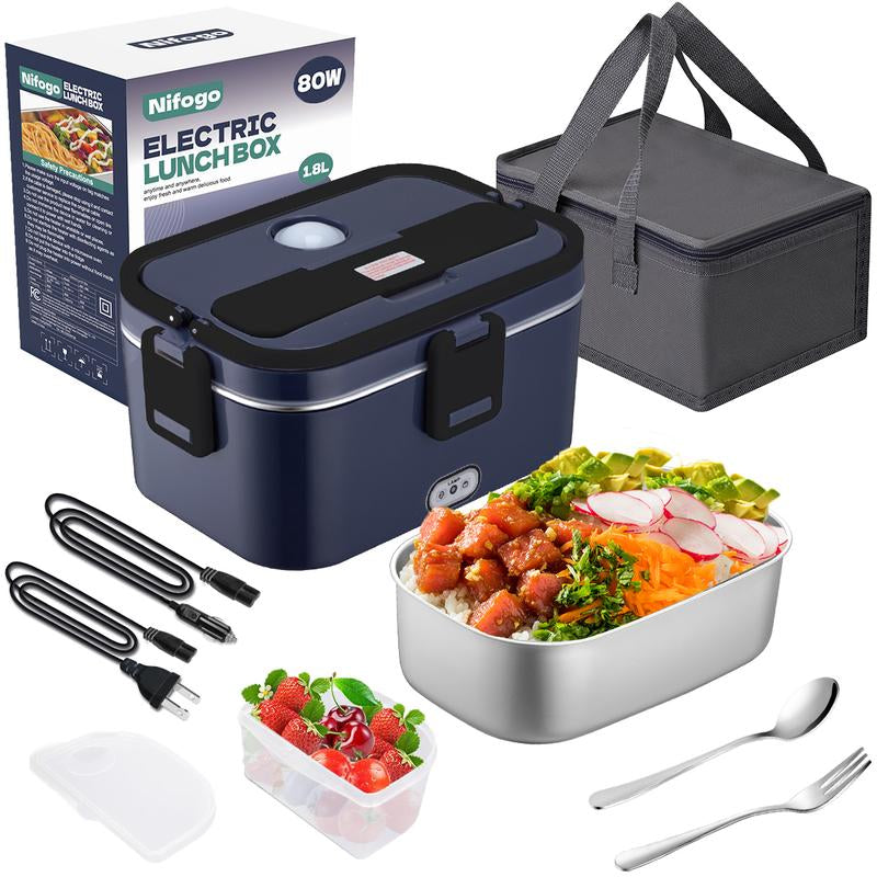 Electric Lunch Box, 80W Portable Food Heater for Adults, Fast Heating Food Warmer for Car Truck Home Office 110V/12V/24V with 1.8L 304 Stainless Steel Container, Fork Spoon and Bag