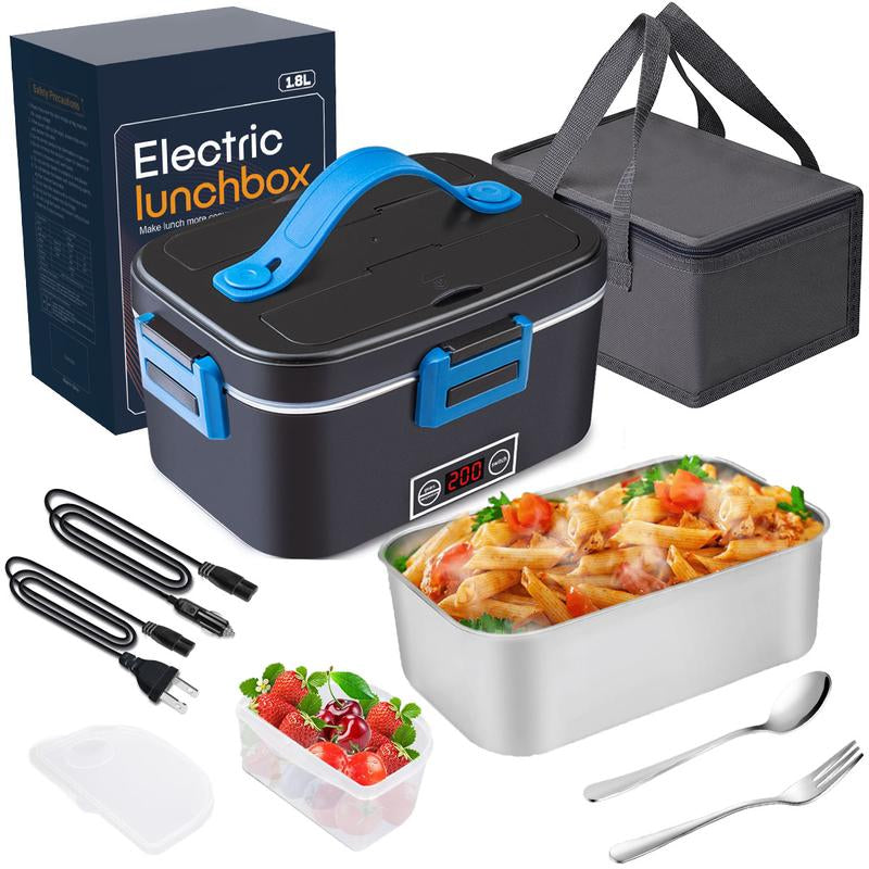 Electric Lunch Box, 80W Portable Food Heater for Adults, Fast Heating Food Warmer for Car Truck Home Office 110V/12V/24V with 1.8L 304 Stainless Steel Container, Fork Spoon and Bag