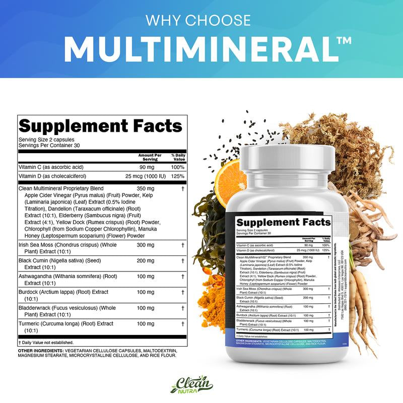 Multimineral Sea Moss Black Seed Oil Ashwagandha Turmeric Bladderwrack Burdock Vitamin C Vitamin D3 with Elderberry Manuka Dietary Supplement Pills