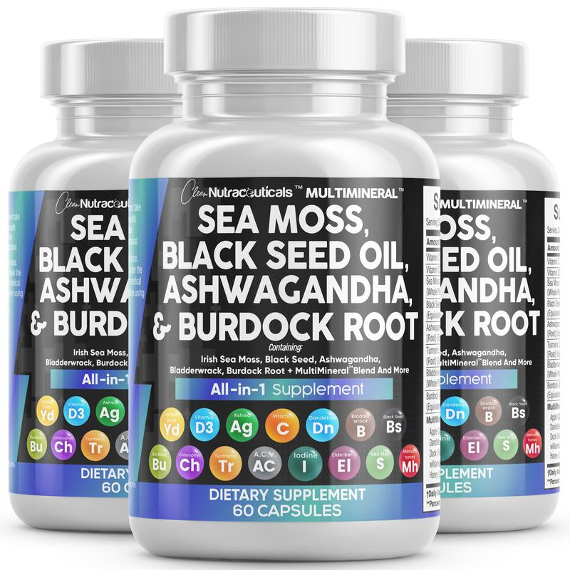 Multimineral Sea Moss Black Seed Oil Ashwagandha Turmeric Bladderwrack Burdock Vitamin C Vitamin D3 with Elderberry Manuka Dietary Supplement Pills