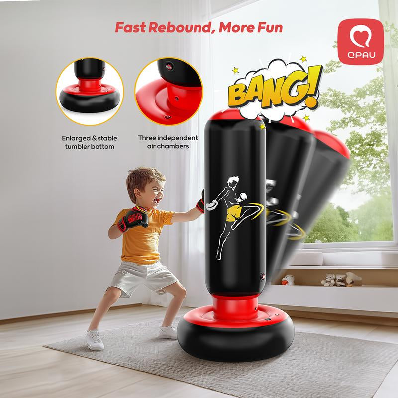 QPAU Kids Punching Bag Toy with Boxing Gloves, 66 Inch Larger Stable Kids Inflatable Boxing Bag Set, Gifts for Boys & Girls Age 6-12, for Practicing Karate, Taekwondo, MMA Exercise Strengthening Fun Family Time Energy