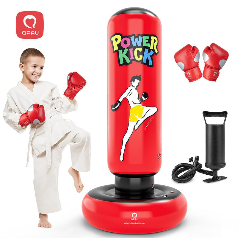 QPAU Kids Punching Bag Toy with Boxing Gloves, 66 Inch Larger Stable Kids Inflatable Boxing Bag Set, Gifts for Boys & Girls Age 6-12, for Practicing Karate, Taekwondo, MMA Exercise Strengthening Fun Family Time Energy