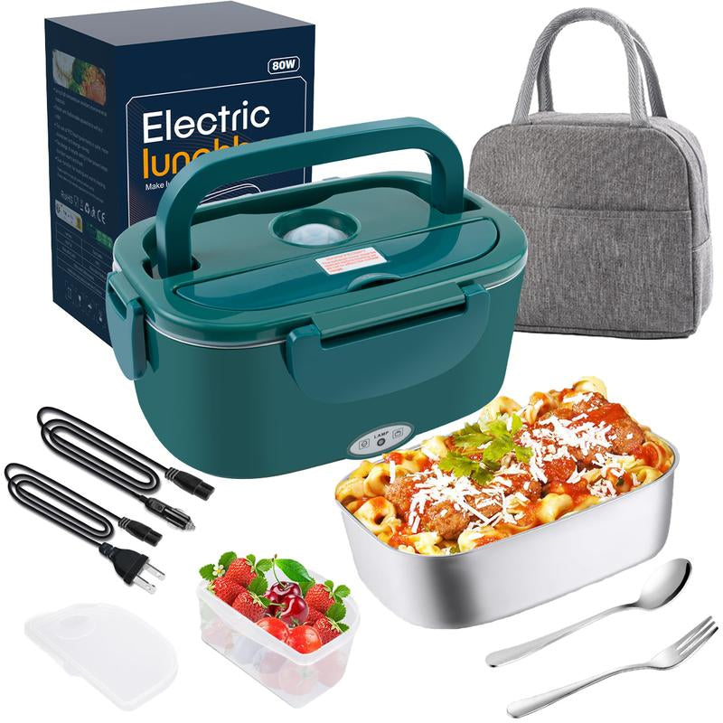 Electric Lunch Box, 80W Portable Food Heater for Adults, Fast Heating Food Warmer for Car Truck Home Office 110V/12V/24V with 1.8L 304 Stainless Steel Container, Fork Spoon and Bag