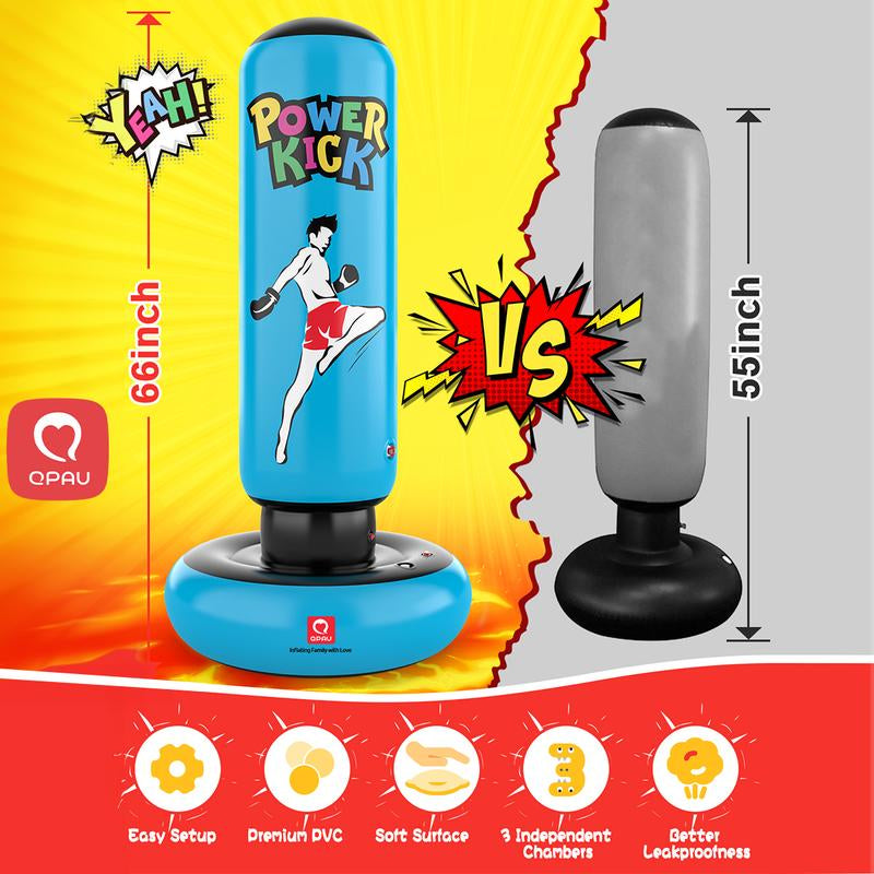 QPAU Kids Punching Bag Toy with Boxing Gloves, 66 Inch Larger Stable Kids Inflatable Boxing Bag Set, Gifts for Boys & Girls Age 6-12, for Practicing Karate, Taekwondo, MMA Exercise Strengthening Fun Family Time Energy