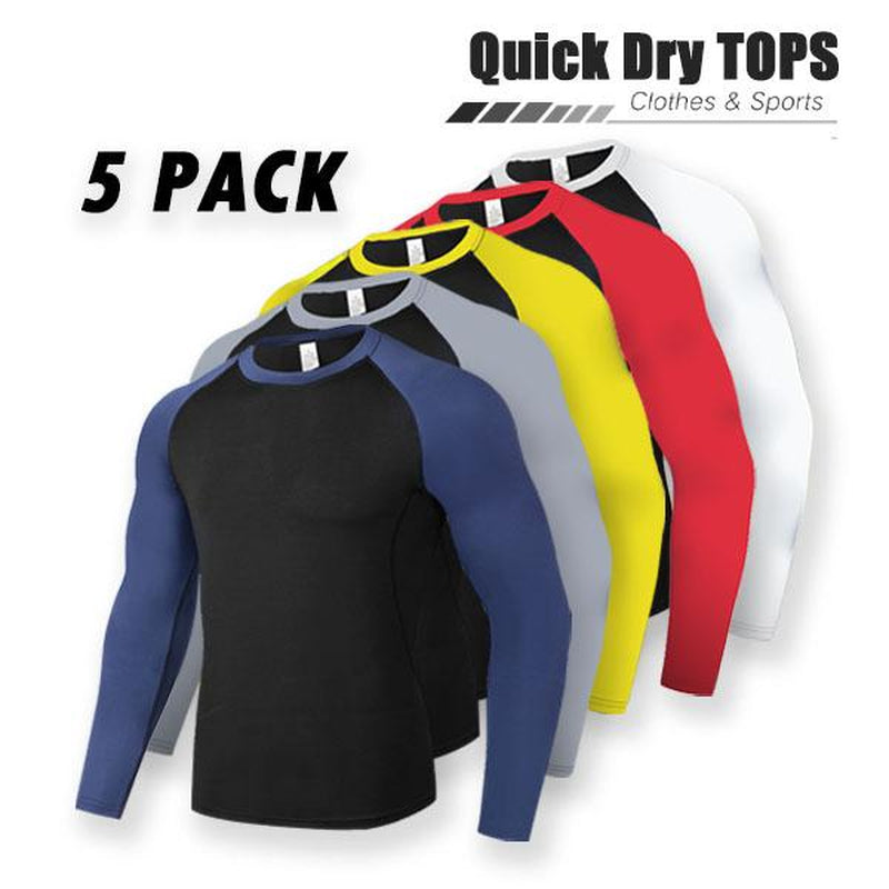 OKP Five Pack UPF Men'S Colorblocked round Neck Sports T-Shirt, High Elasticity Long-Sleeved Jerseys, Sports and Outdoor Clothing Activewear