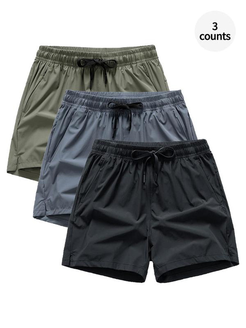 Men'S Solid Drawstring Waist Sports Shorts, Loose Quick Drying Breathable Sports Bottoms, Summer Athletic Running Shorts, Zipper Pocket Design Sports Gym Clothes