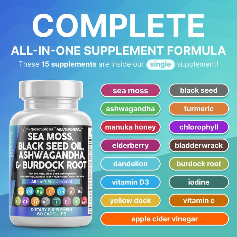 Multimineral Sea Moss Black Seed Oil Ashwagandha Turmeric Bladderwrack Burdock Vitamin C Vitamin D3 with Elderberry Manuka Dietary Supplement Pills