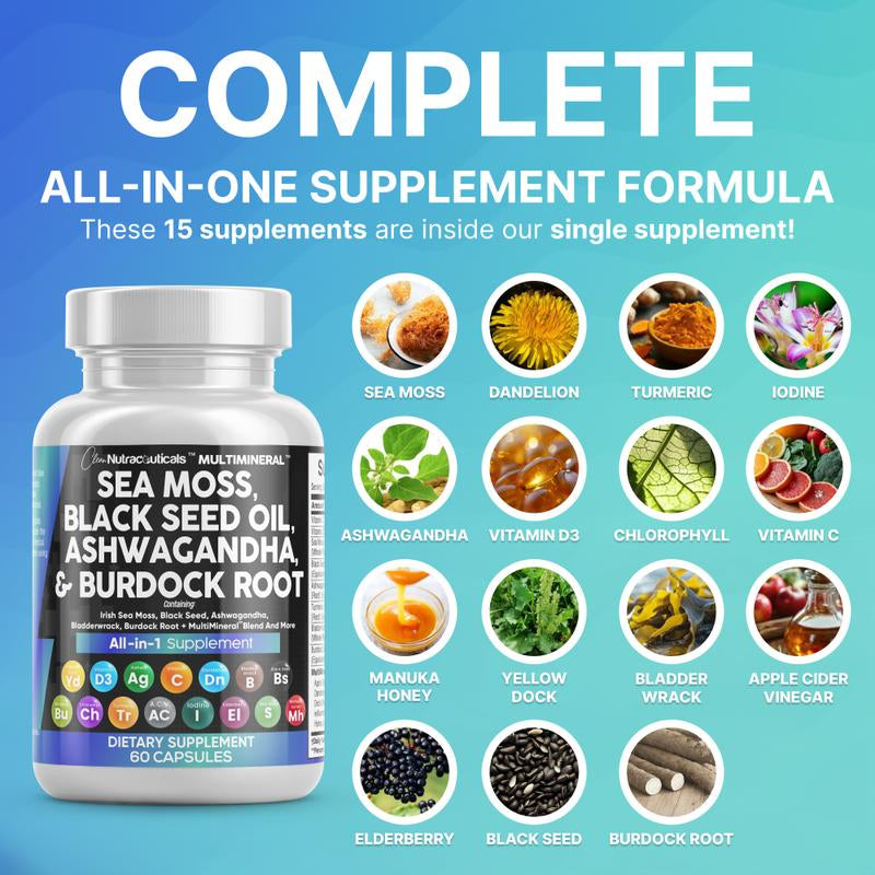 Multimineral Sea Moss Black Seed Oil Ashwagandha Turmeric Bladderwrack Burdock Vitamin C Vitamin D3 with Elderberry Manuka Dietary Supplement Pills