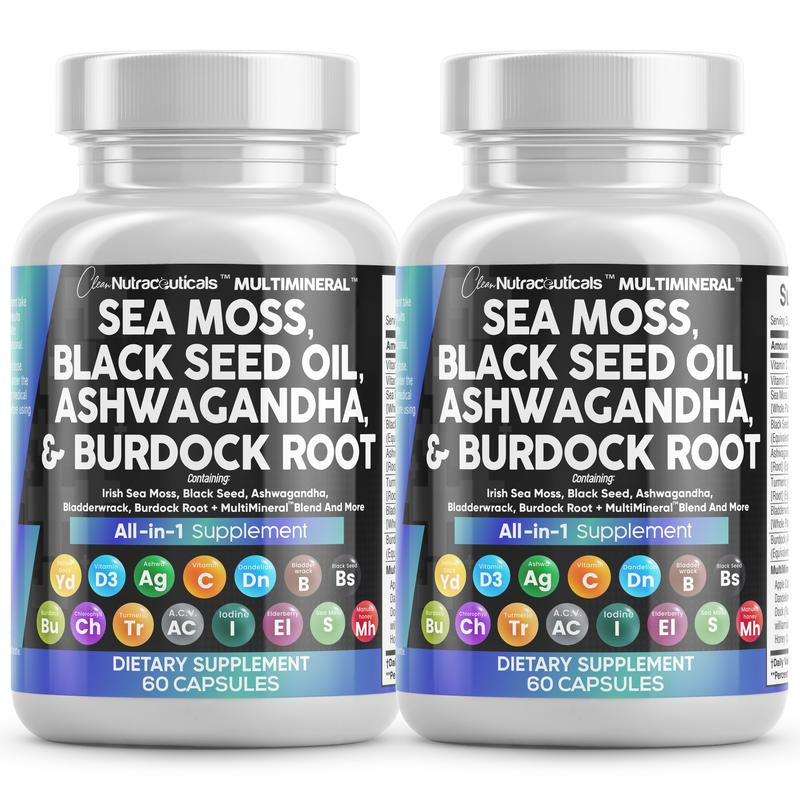 Multimineral Sea Moss Black Seed Oil Ashwagandha Turmeric Bladderwrack Burdock Vitamin C Vitamin D3 with Elderberry Manuka Dietary Supplement Pills