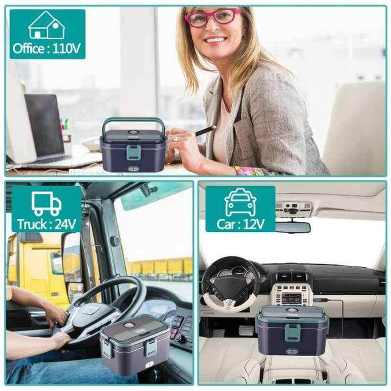 Electric Lunch Box, 80W Portable Food Heater for Adults, Fast Heating Food Warmer for Car Truck Home Office 110V/12V/24V with 1.8L 304 Stainless Steel Container, Fork Spoon and Bag