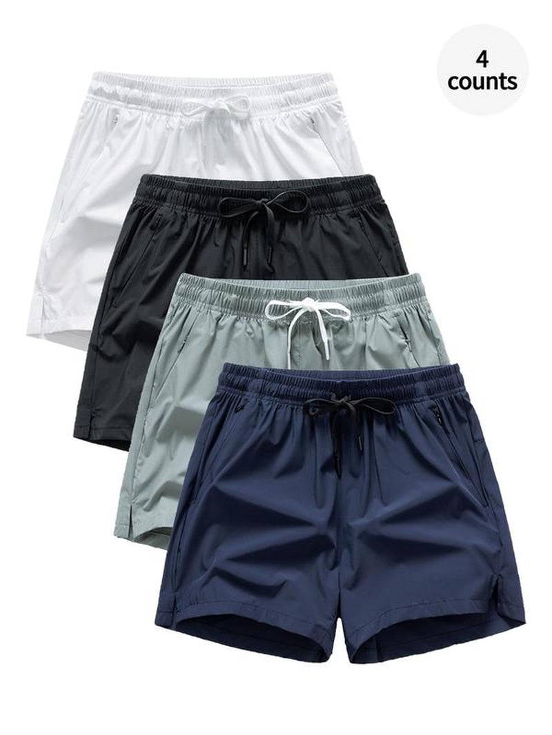 Men'S Solid Drawstring Waist Sports Shorts, Loose Quick Drying Breathable Sports Bottoms, Summer Athletic Running Shorts, Zipper Pocket Design Sports Gym Clothes