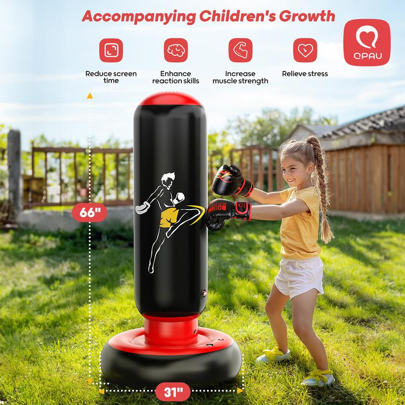 QPAU Kids Punching Bag Toy with Boxing Gloves, 66 Inch Larger Stable Kids Inflatable Boxing Bag Set, Gifts for Boys & Girls Age 6-12, for Practicing Karate, Taekwondo, MMA Exercise Strengthening Fun Family Time Energy