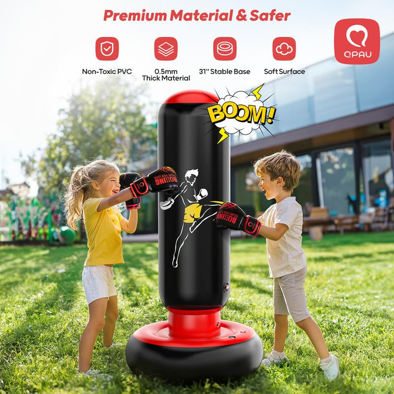 QPAU Kids Punching Bag Toy with Boxing Gloves, 66 Inch Larger Stable Kids Inflatable Boxing Bag Set, Gifts for Boys & Girls Age 6-12, for Practicing Karate, Taekwondo, MMA Exercise Strengthening Fun Family Time Energy