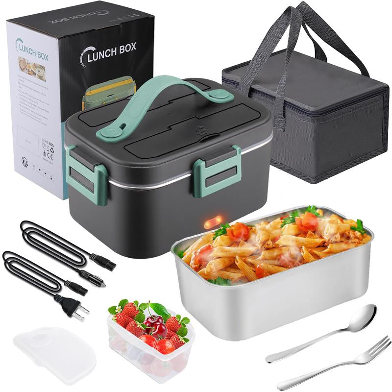 Electric Lunch Box, 80W Portable Food Heater for Adults, Fast Heating Food Warmer for Car Truck Home Office 110V/12V/24V with 1.8L 304 Stainless Steel Container, Fork Spoon and Bag