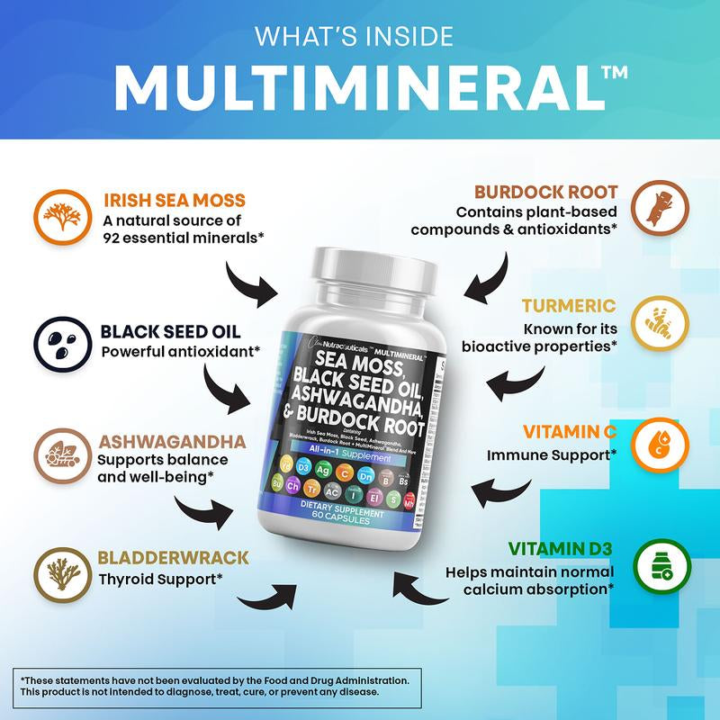 Multimineral Sea Moss Black Seed Oil Ashwagandha Turmeric Bladderwrack Burdock Vitamin C Vitamin D3 with Elderberry Manuka Dietary Supplement Pills