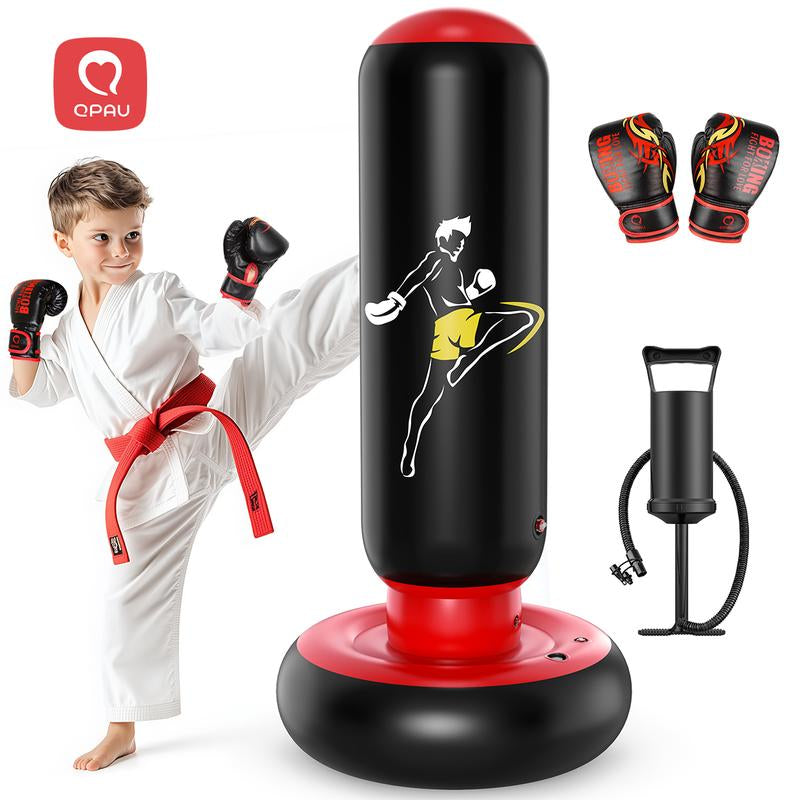 QPAU Kids Punching Bag Toy with Boxing Gloves, 66 Inch Larger Stable Kids Inflatable Boxing Bag Set, Gifts for Boys & Girls Age 6-12, for Practicing Karate, Taekwondo, MMA Exercise Strengthening Fun Family Time Energy