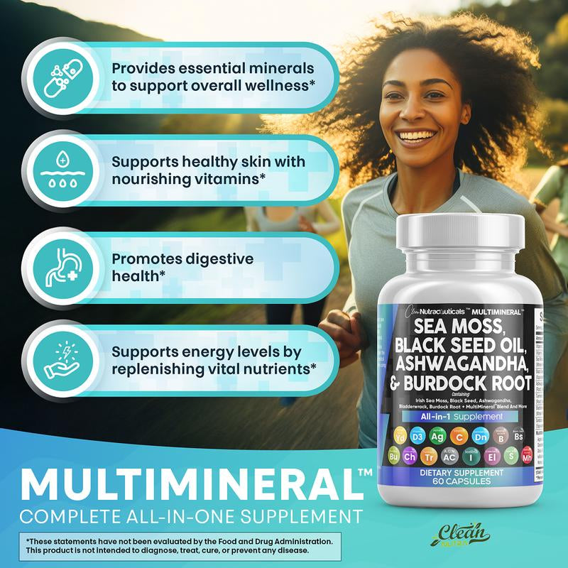 Multimineral Sea Moss Black Seed Oil Ashwagandha Turmeric Bladderwrack Burdock Vitamin C Vitamin D3 with Elderberry Manuka Dietary Supplement Pills