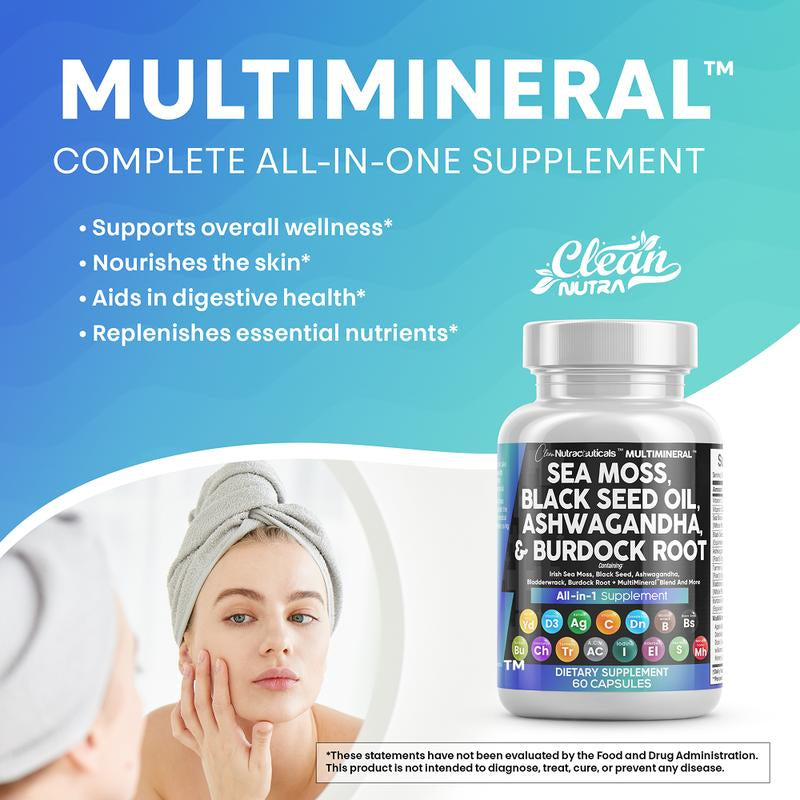 Multimineral Sea Moss Black Seed Oil Ashwagandha Turmeric Bladderwrack Burdock Vitamin C Vitamin D3 with Elderberry Manuka Dietary Supplement Pills