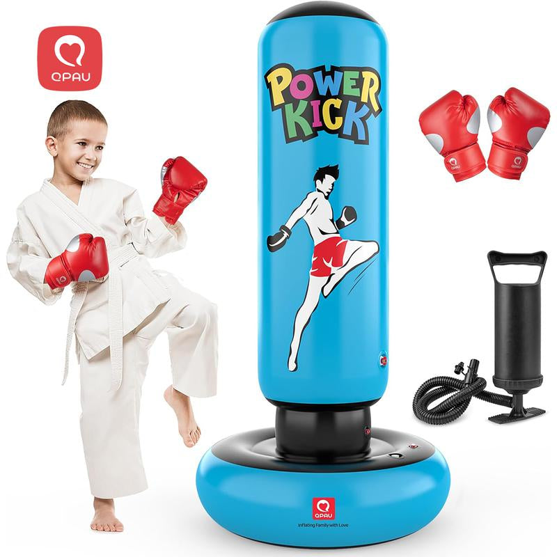 QPAU Kids Punching Bag Toy with Boxing Gloves, 66 Inch Larger Stable Kids Inflatable Boxing Bag Set, Gifts for Boys & Girls Age 6-12, for Practicing Karate, Taekwondo, MMA Exercise Strengthening Fun Family Time Energy