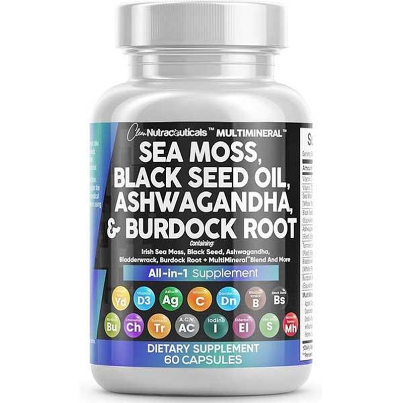 Multimineral Sea Moss Black Seed Oil Ashwagandha Turmeric Bladderwrack Burdock Vitamin C Vitamin D3 with Elderberry Manuka Dietary Supplement Pills