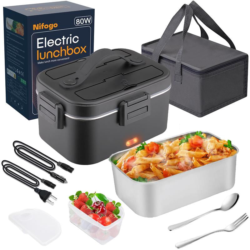 Electric Lunch Box, 80W Portable Food Heater for Adults, Fast Heating Food Warmer for Car Truck Home Office 110V/12V/24V with 1.8L 304 Stainless Steel Container, Fork Spoon and Bag